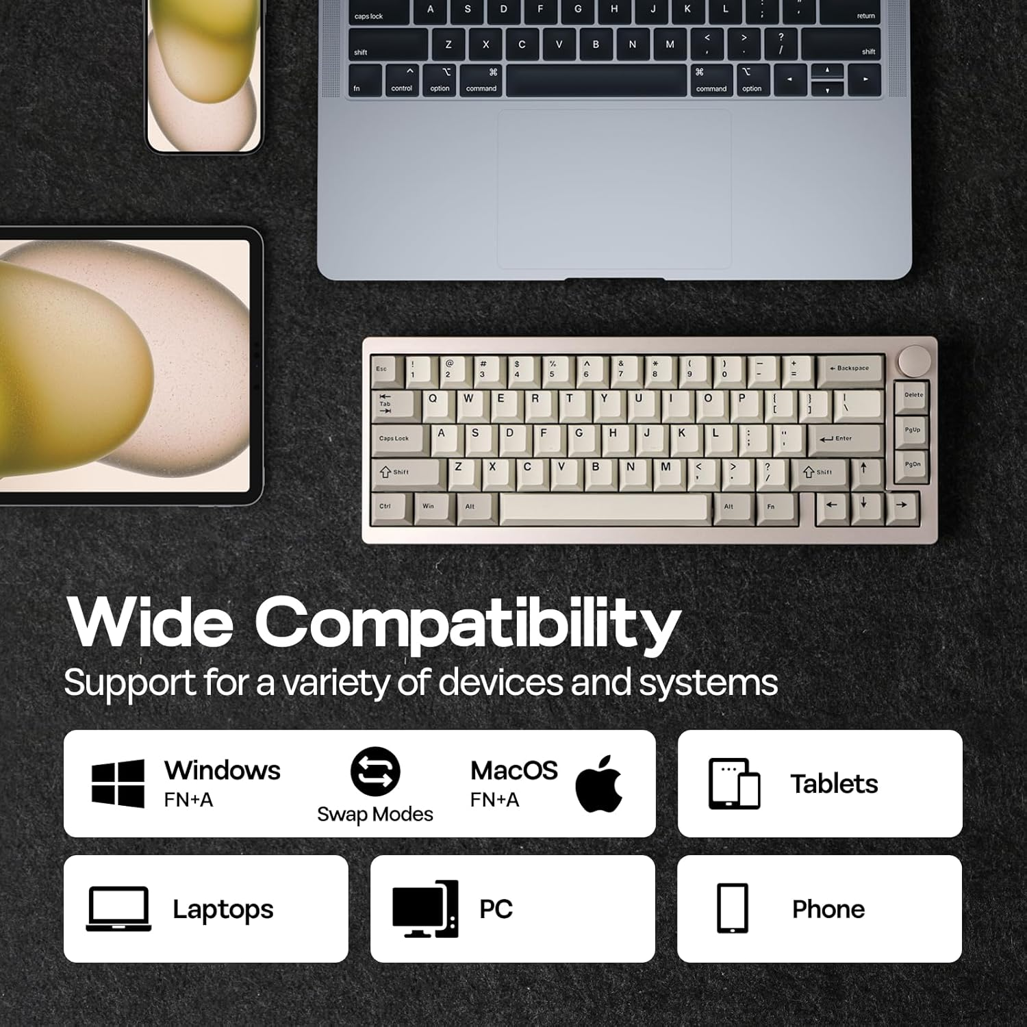 EPOMAKER P65 QMK/VIA Wireless Aluminum Gaming Keyboard, Gasket-Mount, Bluetooth/2.4Ghz/Usb(A to C), Hot Swappable, N-Key Rollover, for Mac/Pc/Ps/Xbox (Khaki, Zebra Switch) image number 5