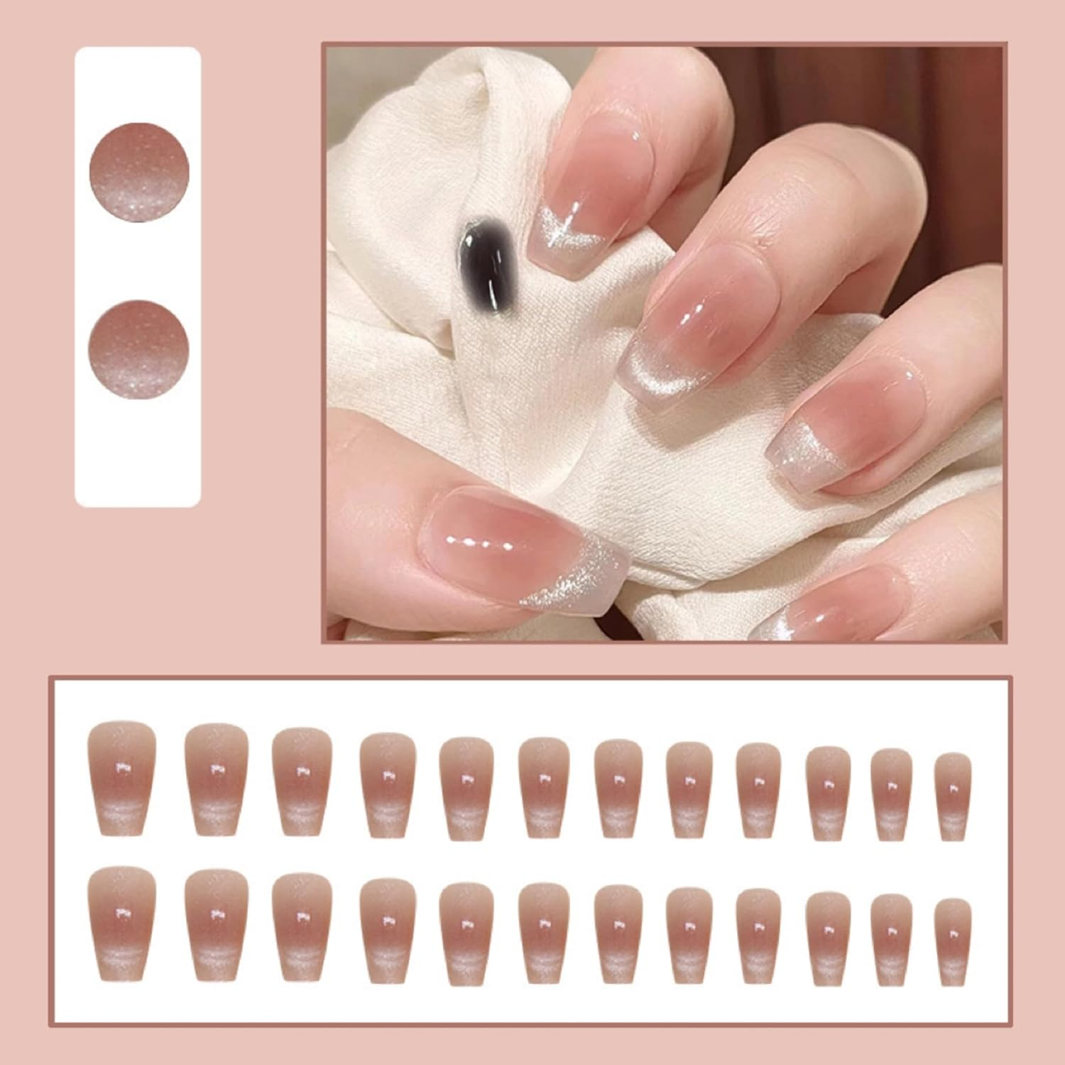 KAVI' S 24Pcs French Tip Stick on Nails Cat Eye Press on Nails Nude Gradient Glitter Fake Nails Ballerina Acrylic False Nails Jerry Glue for Women Girls Nail Art