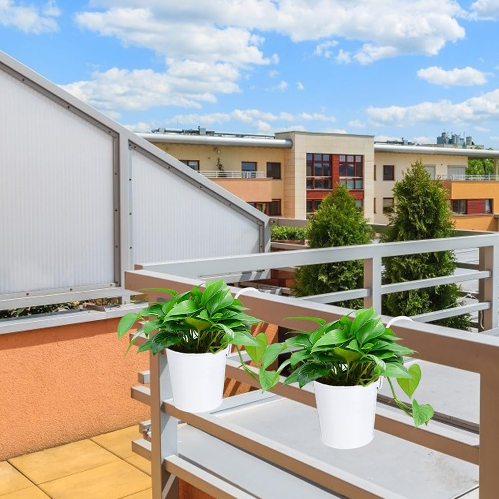 Yardwe 4 Pcs Hanging Flower Pots Metal Iron Balcony Planter Pots Wall Planter Bucket Flower Holders with Detachable Hooks, White image number 4