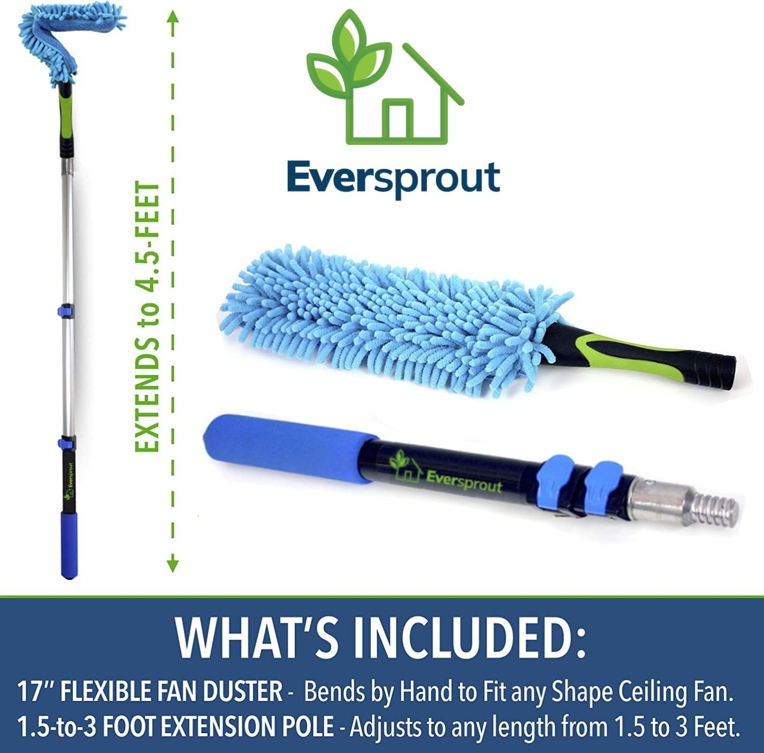 EVERSPROUT 1.5-To-4.5 Foot Flexible Microfiber Ceiling & Fan Duster | 8-10 Ft Standing Reach | Bendable to Clean Any Fan Blade | Removable & Washable Brush Head | Premium Lightweight Extension Pole image number 1
