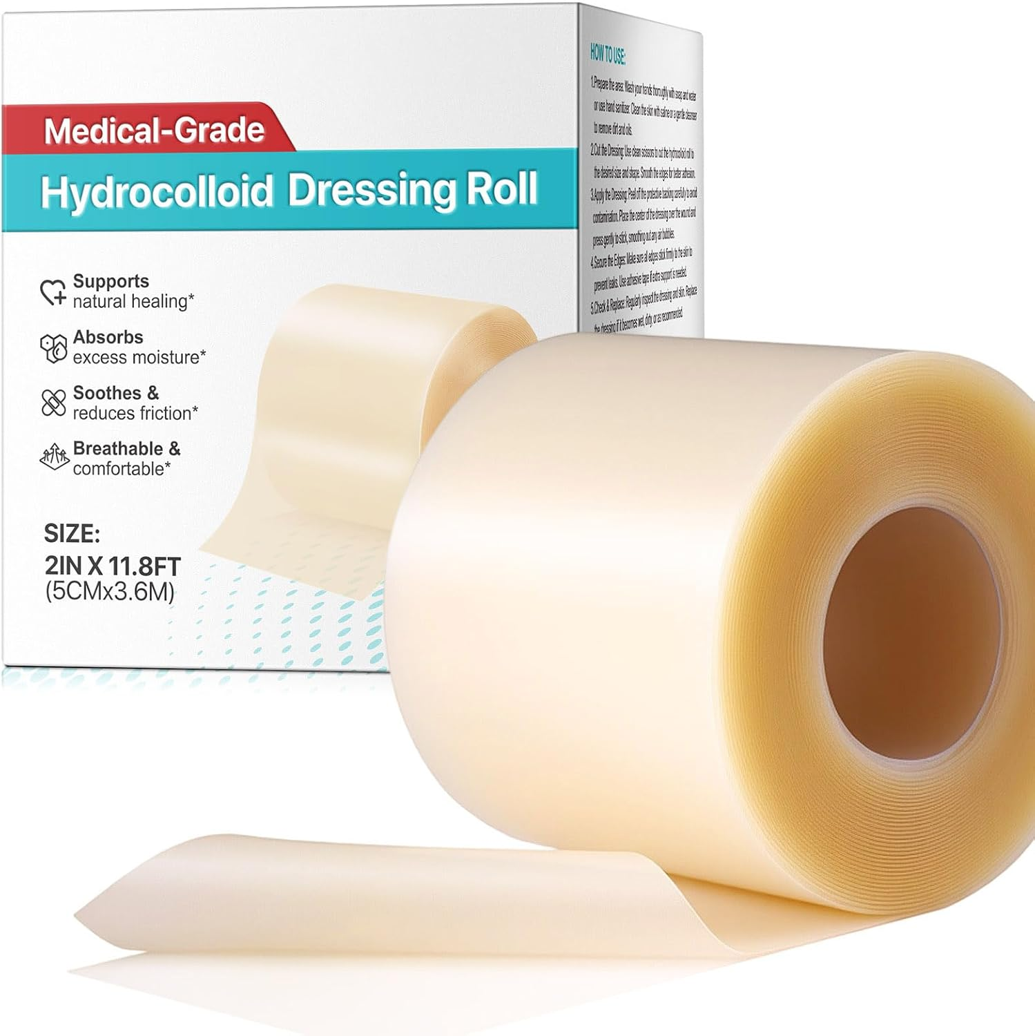 Hydrocolloid Roll for Wound Care - Cut-To-Size Hydrocolloid Patch,Extra Large Self-Adhesive Bandage,Ultra Absorbent & Waterproof Bandage,First Aid Essential (2In X 12Ft)