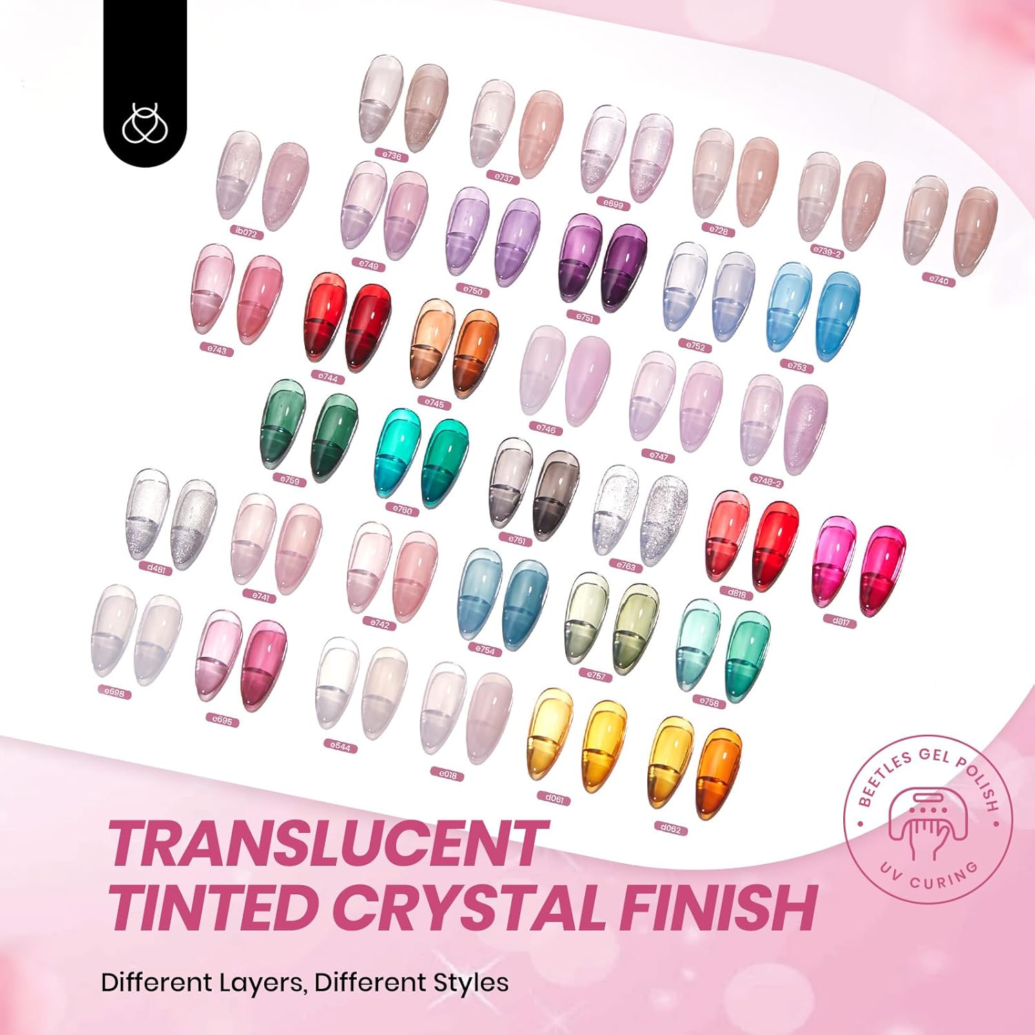 Beetles Jelly Gel Nail Polish Set 53Pc 36 Colours Jelly Pink Milky White Red Black Blue Green Silver Cat Eye Glitter Base & Top Coats &ndash; Crystal Ice Collection for French Nails Manicure Gift image number 6