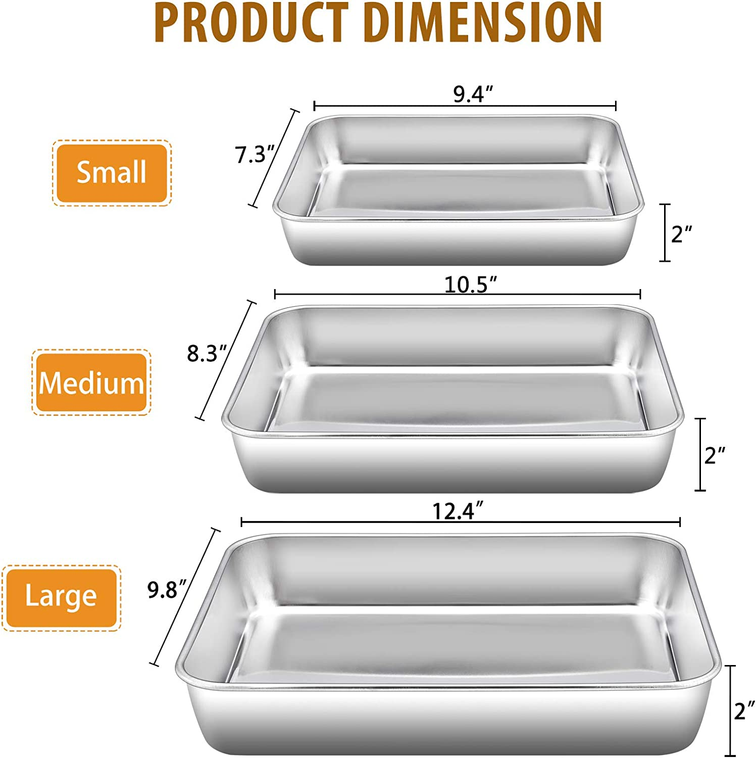 E-Far Baking Pans Set of 3, Stainless Steel Sheet Cake Pan for Oven - 12.5/10.5/9.4Inch, Rectangle Bakeware Set for Cake Lasagna Brownie Casserole Cookie, Non-Toxic & Healthy, Dishwasher Safe
