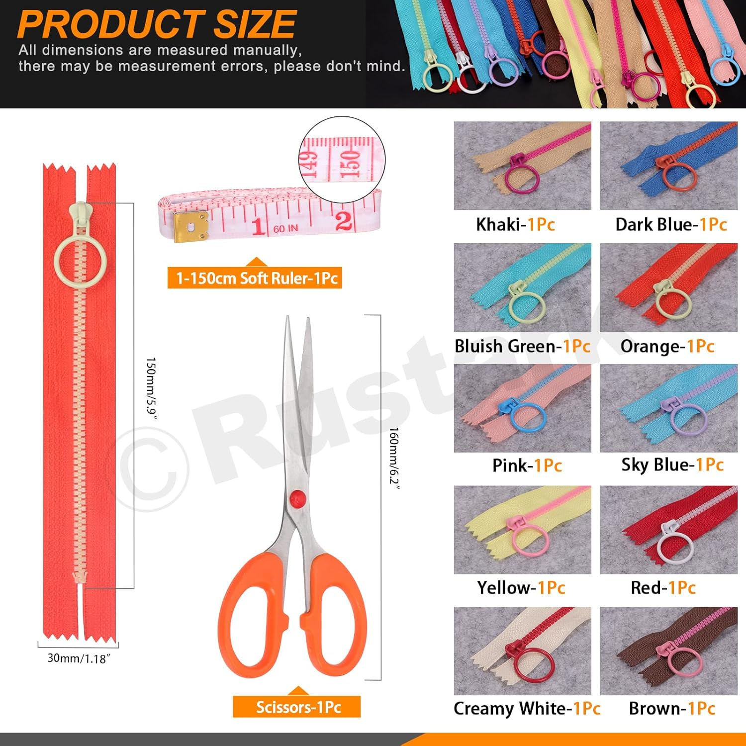 Rustark 12Pcs 6Inch/15Cm 10 Colors Nylon Resin Zipper Assortment Kit with Scissor Ruler Zippers with Lifting Ring Pull Resin Zipper Nylon Plastic Zippers Coil Zipper for DIY Sewing Craft Bags Clothing