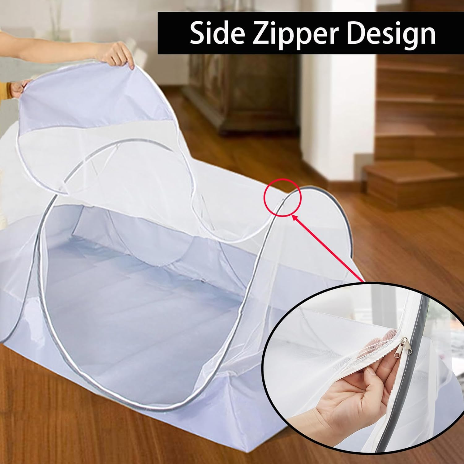 CMINGJ Portable Mosquito Net Foldable Pop-Up Travel Mosquito Net for Bed Free Installation-Suitable for Baby Adults Bedroom, Camping, Nap, Patio (Large-Side Zipper(White Net)) image number 6