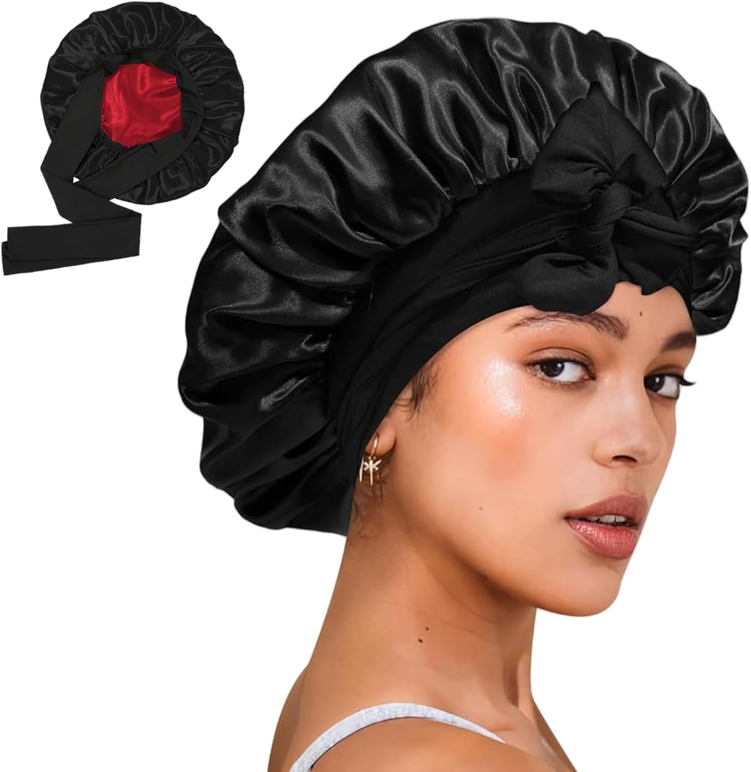 Silk Hair Bonnet, Silk Hair Bonnet for Sleeping, Double Moisture Curly Anti-Frizzy, Large Night Sleep Shower Cap, Adjustable Tie Band Shower Cap for Women image number 1
