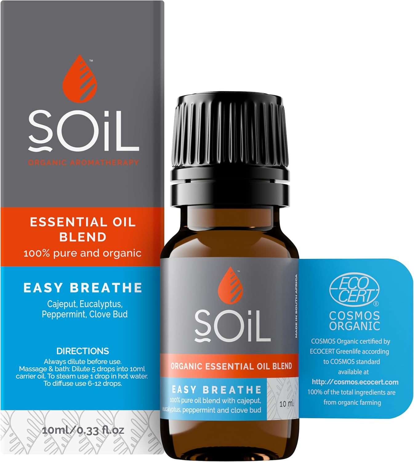 Soil Easy Breathe Organic Essential Oil Blend, Contains Eucalyptus, Peppermint, Cajeput, Clove Oil, Essential Oil Diffuser, No Additives, 10Ml