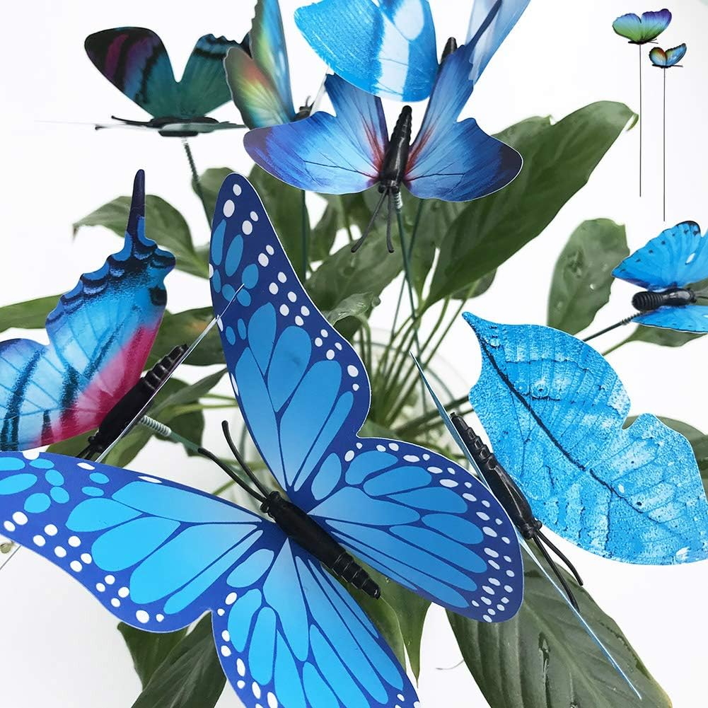 V-Time 24Pcs Garden Butterfly Decorations Outdoor Waterproof Butterfly Stakes Ornaments for Indoor/Outdoor Yard/Christmas Patio Plant Pot Flower Bed Home Decoration (Blue)