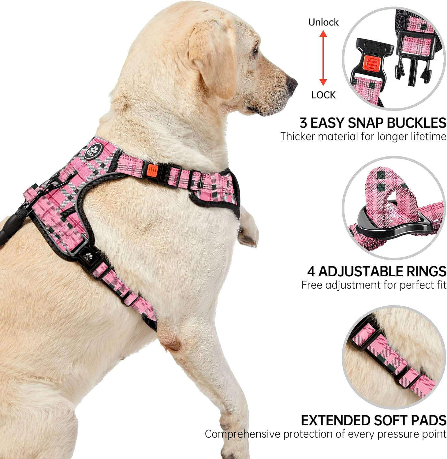 NESTROAD Pink Plaid Dog Vest Harness, No Pull Adjustable Harness and Lead Set for Large Dogs, Size XL of Neck 17~25" Chest 21~35", anti Pull Escape Proof Dog Lifting Harness with Seat Belt for Car image number 3