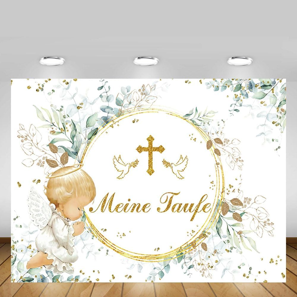 MEHOFOND 2.1 X 1.5 M My Christening Background Baby Angel Eucalyptus Leaves Flowers Background Boys Girls Newborn Baby Shower First Communion Christening Party Banner Photo Props image number 6
