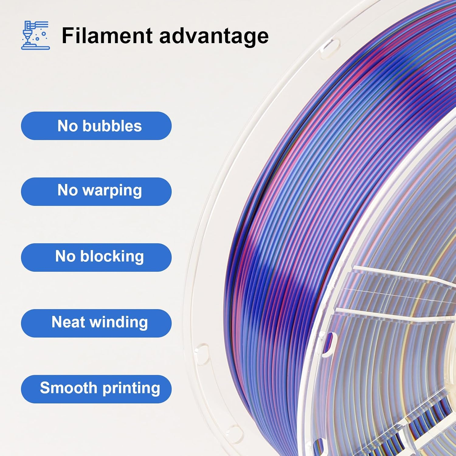 LVVJ3D Silk PLA 3D Printer Filament, Tri Colour Silk Red, Yellow, Blue Rainbow Filament, Rainbow PLA 3D Printer Filament, Clean Wound Dimensional Accuracy +/-0.03Mm, 1Kg/Spool - Matte Rainbow Pla image number 5