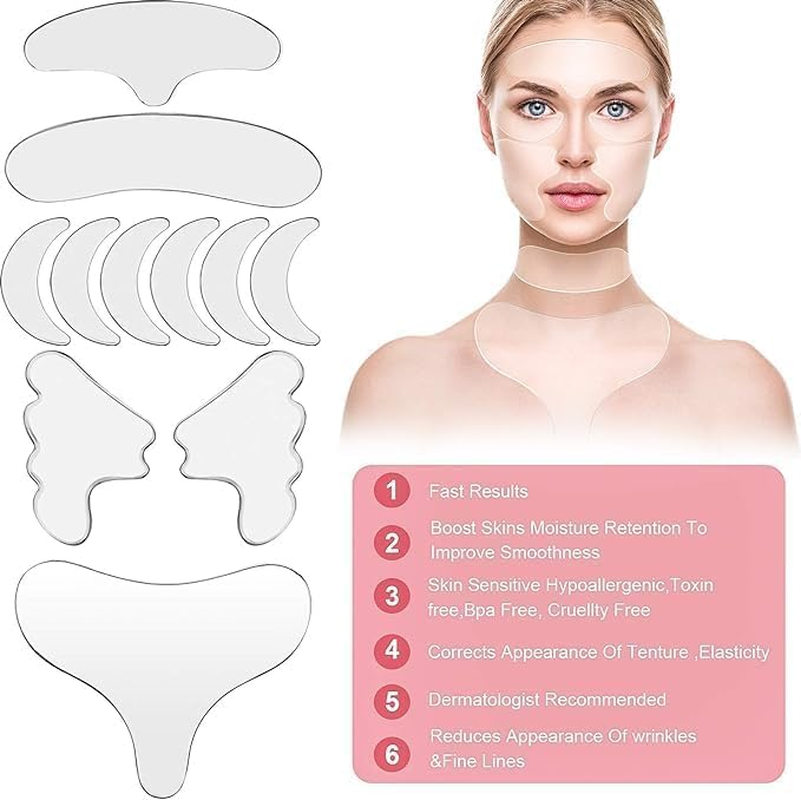 Limcryspp 11Pcs Face Wrinkle Patches Remover Strips Reusable for Forehead Eye Mouth Upper Lip & Chest Transparent Silicone Facial Anti-Wrinkle Face Pads Silicone (11Pcs)