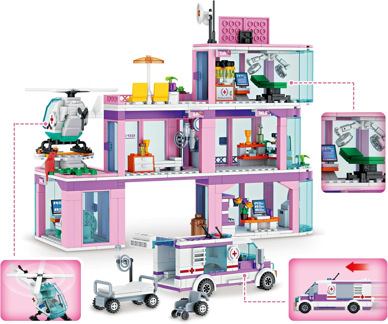 Toy Player Pink Girls City Hospital Building Block Set, Compatible with , Includes Rescue Helicopter, Trailer and Carrier, STEM Gifts for 6-12+ Years Old Boys Girls (791 Pieces) image number 2