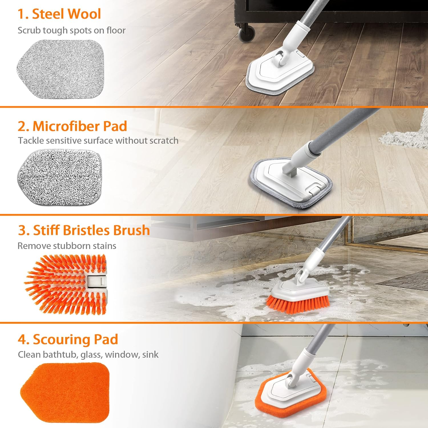 JEHONN 4-In-1 Tile Tub Scrubber with Long Handle, Upgraded Shower Cleaning Brush, 4 Different Function Scrub Brush Attachments Head for Bathroom, Bathtub, Floor, Wall, Baseboard