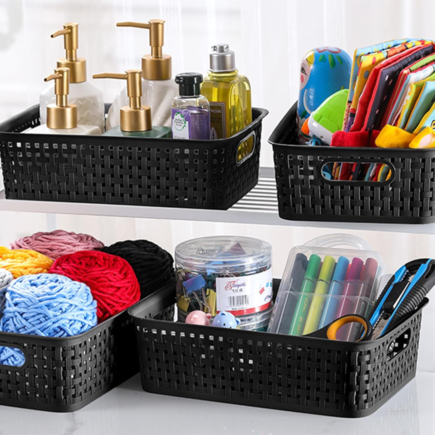 8 Pack Plastic Storage Baskets Set of Stackable Weave Baskets Sturdy Storage Containers with Handle for Shelves, Desktops, Cabinets, Bedrooms, Office (Black - 8 Pack) image number 3