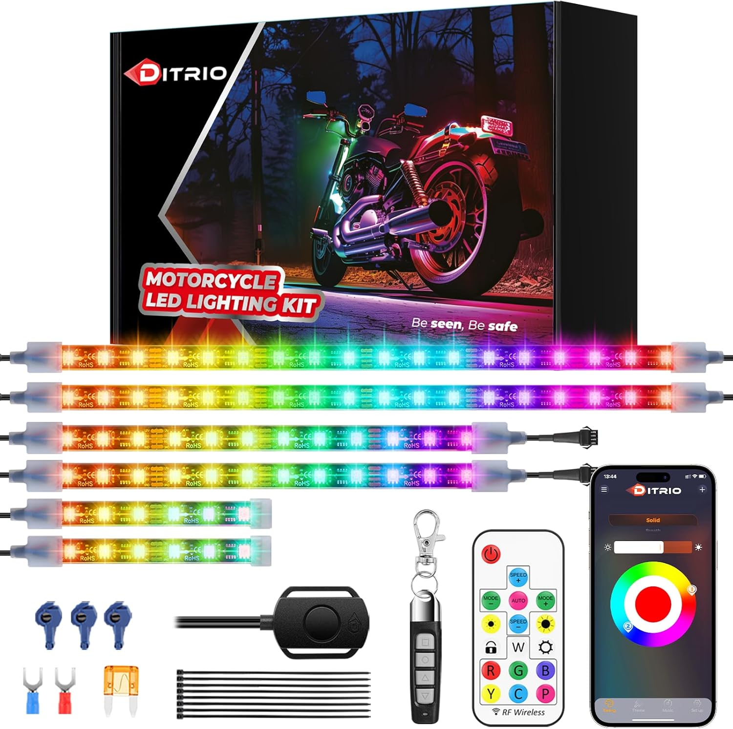 6Pcs Motorcycle Led Underglow Kit with DITRIO APP & 2 RF Remote Control,Motorcycle RGB Lights with Brake Turn Signal, Dual Zone,12V Waterproof Pixelglow Effects for Motorcycles, Golf Carts, Atvs, Utvs image number 1