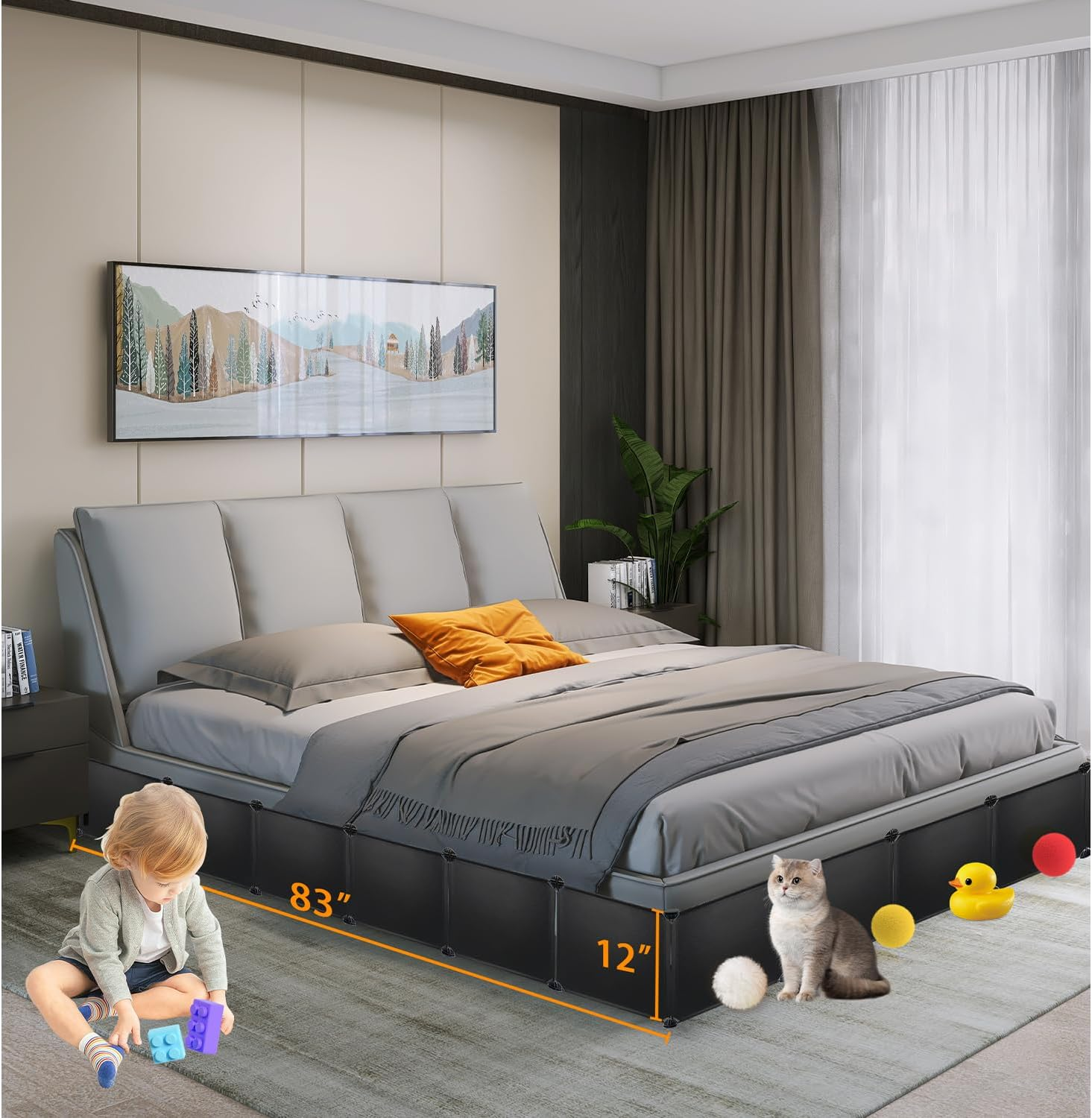 Under Couch Blocker for Toys under Bed Blocker for Pets 166&rdquo; Length 11.8" Height in Total under Furniture Blocker with Sticky Double Side Tape, Connectors and Zip Ties for Pets, Black