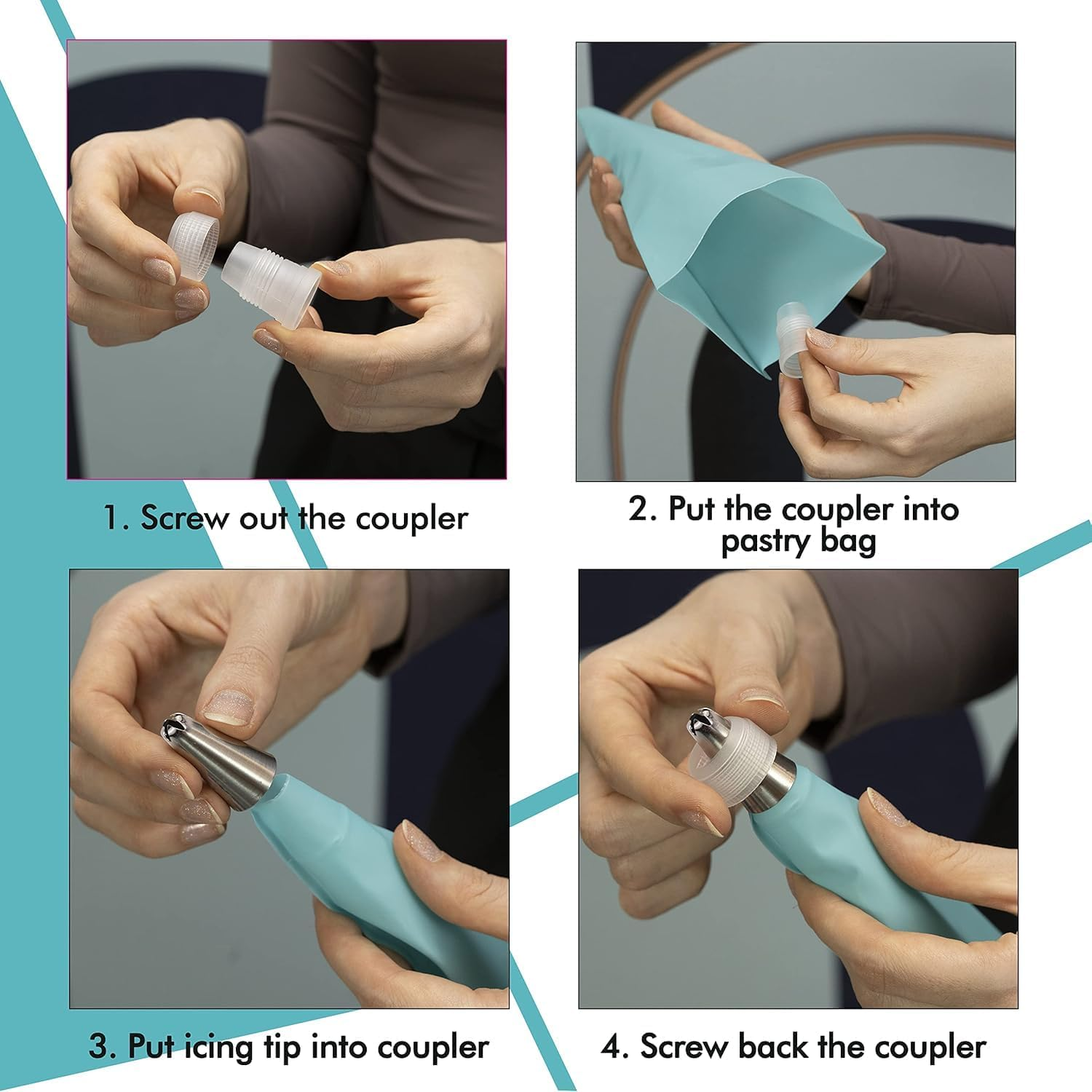 Silicone Piping Bags, 6 Pcs Stainless Steel Nozzles Set with Coupler, 30Cmx17Cm-1 Reusable Icing Piping Bag with Cleaning Brush for Decorating Cakes, Pastries & Cupcakes (Pack of 10) image number 3