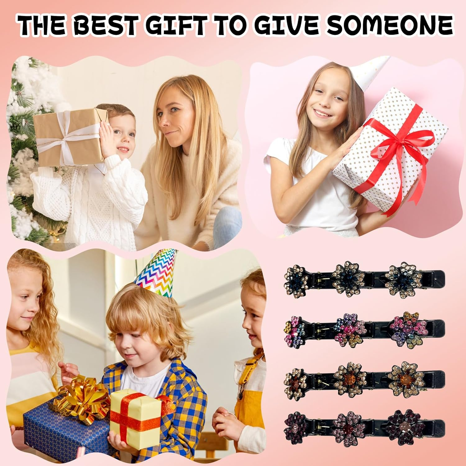 Pqkl-Party Women'S Hair Clips, Hair Clip with Crystal Flower, Crystal Stone Hair Clips with 3 Mini Clips, Double Layer Hair Clips, Hair Clips for Styling & Festive