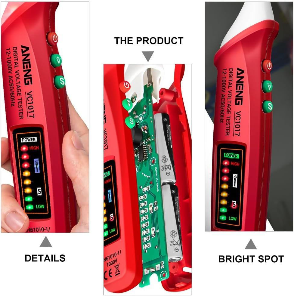 12V-1000V Voltage Tester: Adjustable Sensitivity Voltage Detector Pen AC Voltage Detector Pen with LED Flashlight - Sound and Light Warning Pencil Electrical Voltmeter Ammeter Circuit Tester Tool - Yellow image number 6