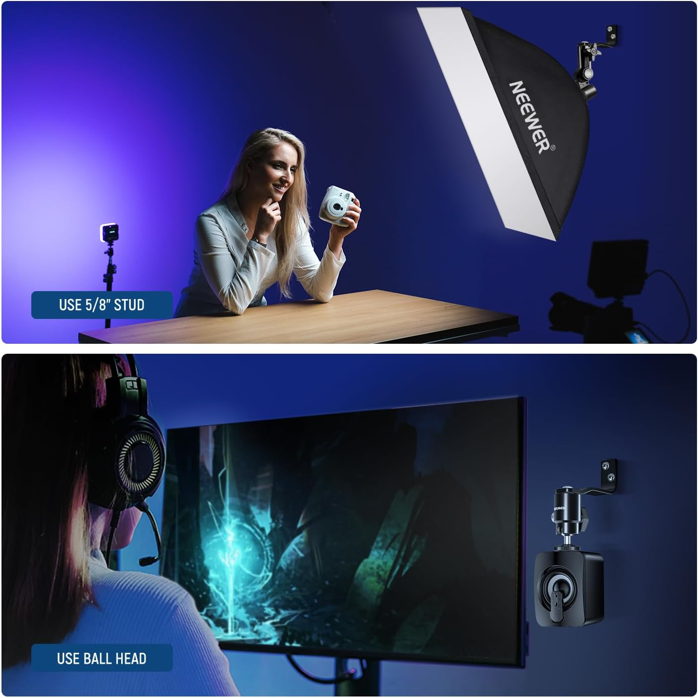 NEEWER 2 Pack E Type Wall Ceiling Mount, Ring Light Wall Mount Bracket with Detachable Ball Head, 5/8" Stud, 1/4" Screw for Flash Strobe Camera Monitor Studio Lighting, Max Load: 4.4Lb/2Kg, TS007 image number 2