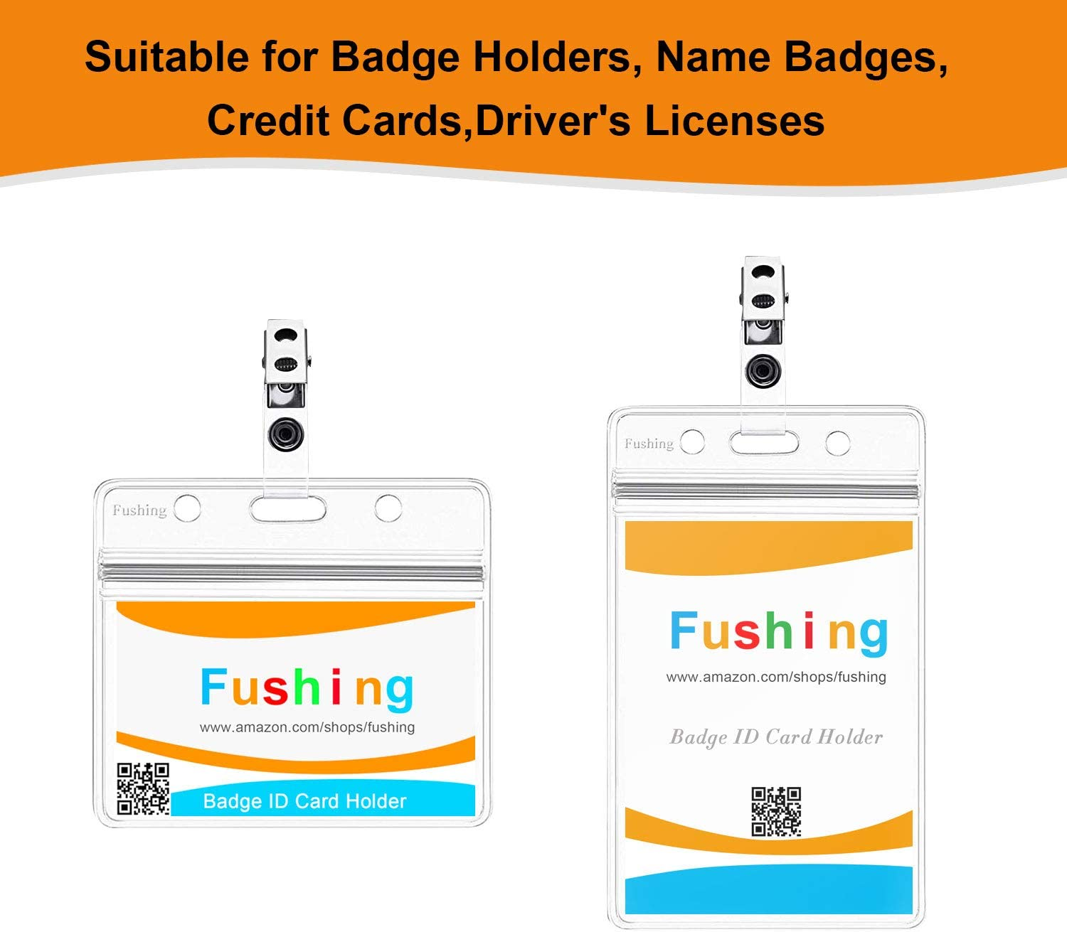 Fushing 150Pcs Metal Badge Clips with Clear PVC Straps for ID Cards and Badge Holders image number 1