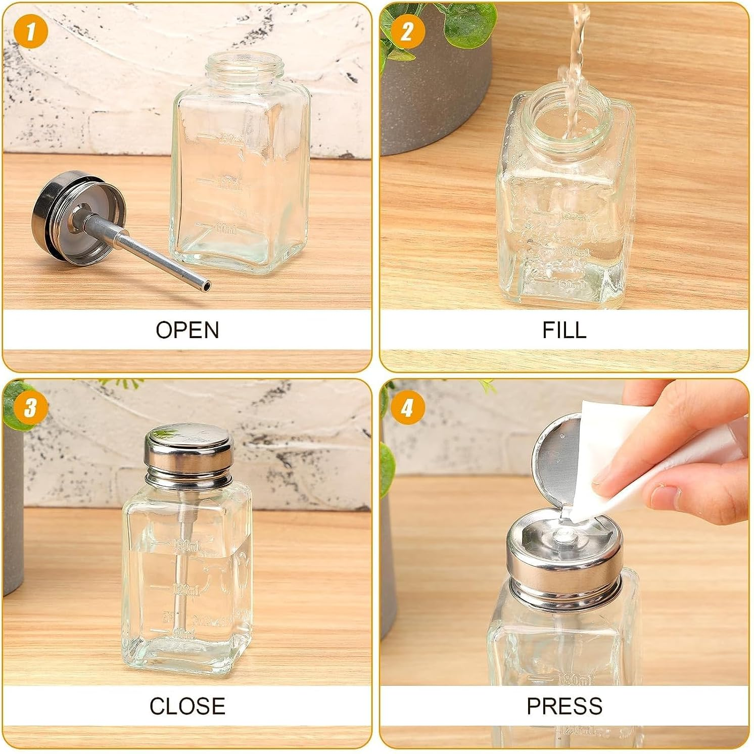 HEHIPLE 2 Pcs 6 Oz/ 180 Ml Clear Glass Pump Dispenser Bottle with Metal Flip Cover for Makeup Remover, Nail Polish Remover, Lotions, Soaps, Shampoos - Reusable, Leak-Resistant, Modern, Chrome Finish