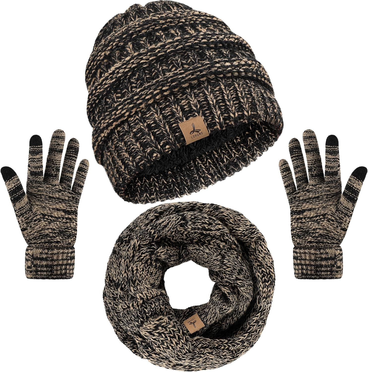 Winter Beanie Hat Scarf Gloves, Warm Fleece Knit Winter Hats Touch Screen Gloves Neck Scarf Set Winter Gifts for Unisex Adult