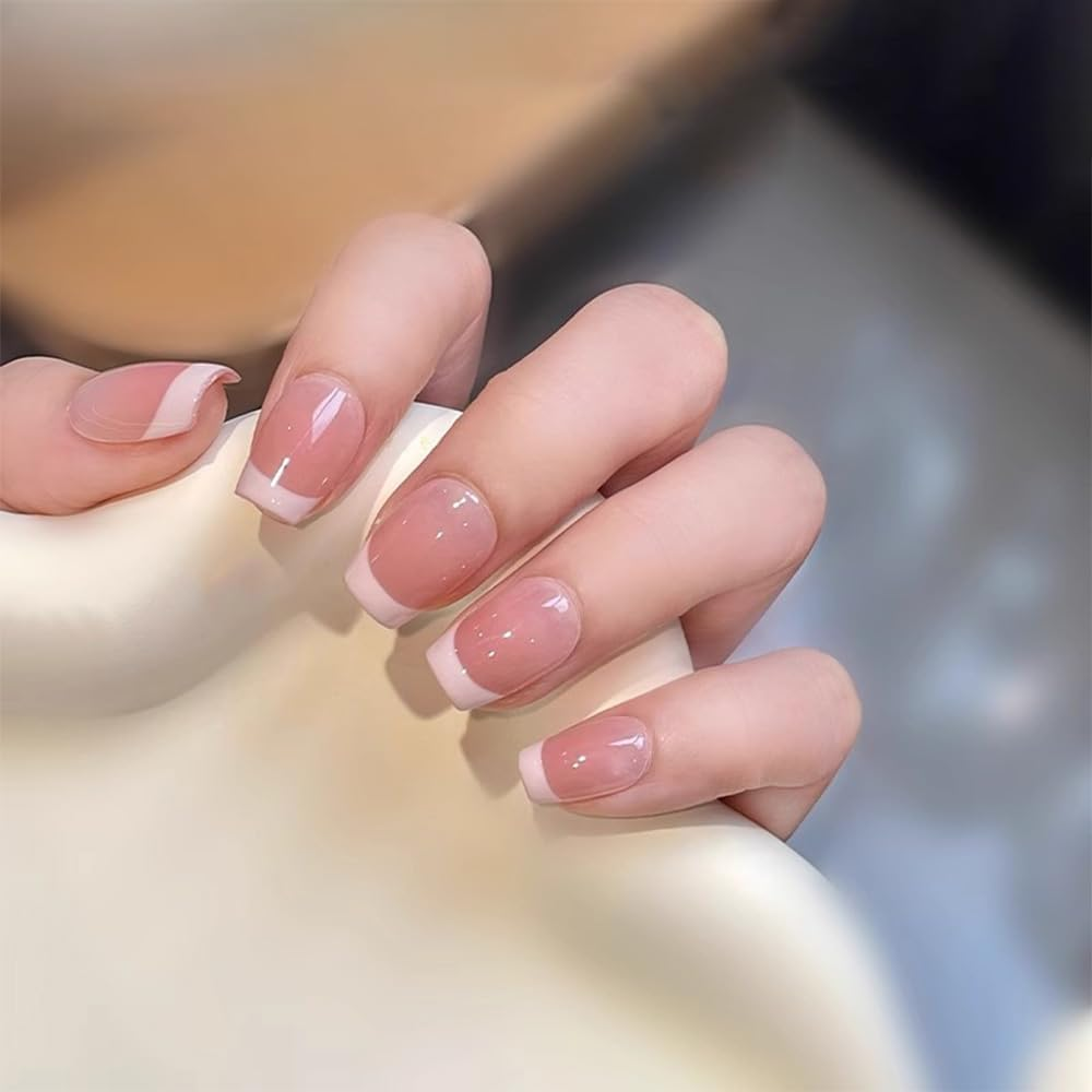 QISANKEE Short French Tip Nails - Press on Coffin Fake Nails, False Nails with Designs - Pink French Tip Artificial Stick on Nails - 24 Pcs/Set image number 6