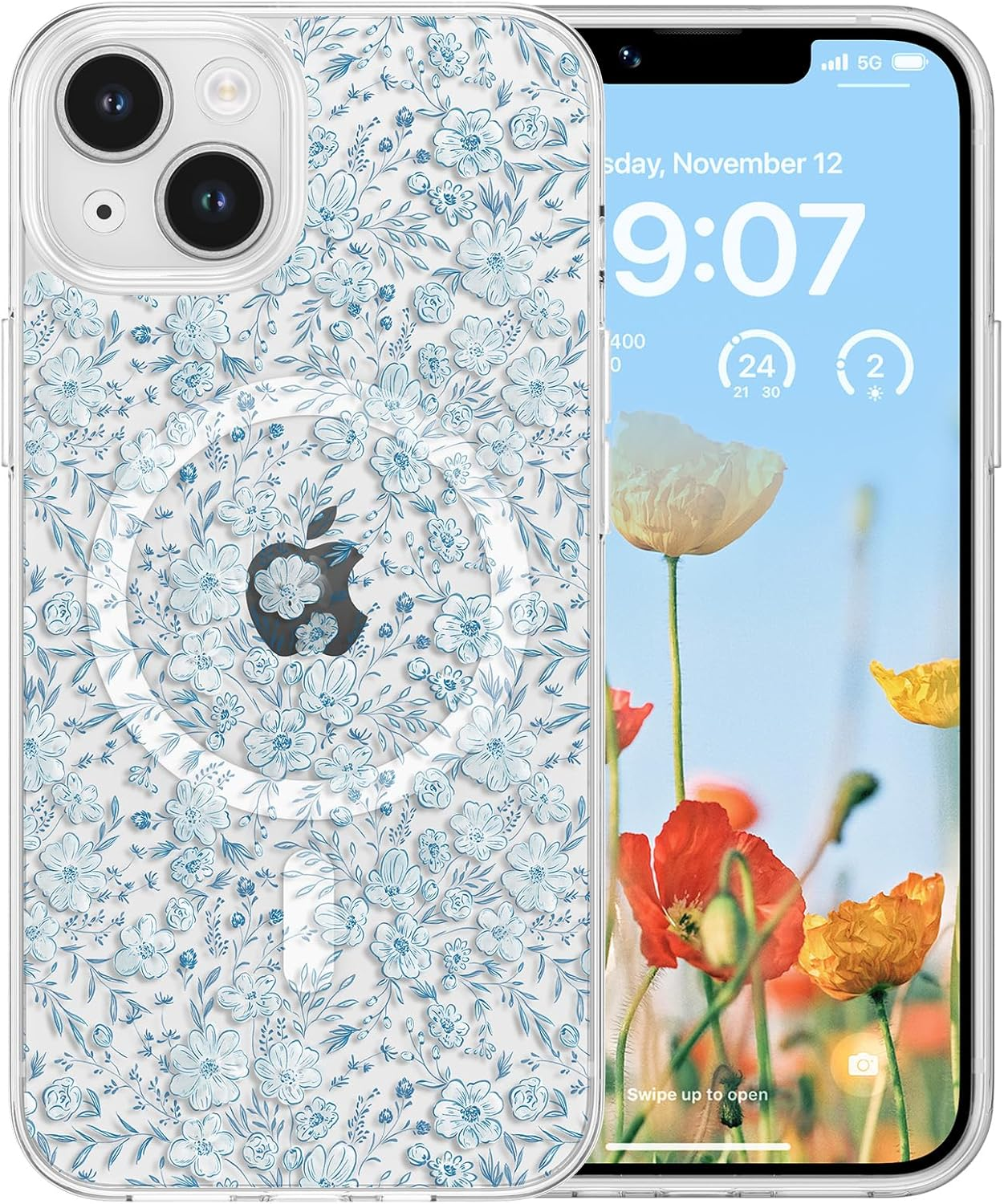 RALEAVO for Iphone 13 Case Compatible with Magsafe Clear Floral Cover with Flower Branch Pattern for Girls Women Slim Cute Hard Back Shockproof Phone Case for Iphone 13,Transparent