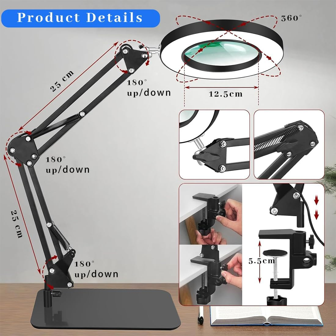 10X Magnifying Glass with Light, Adjustable Arm and Stand, Heavy-Duty 2 in 1 Metal Base Magnifier, 2200 Lumens LED Lamp, Ideal for Reading, Crafting, and Hobby Work image number 1