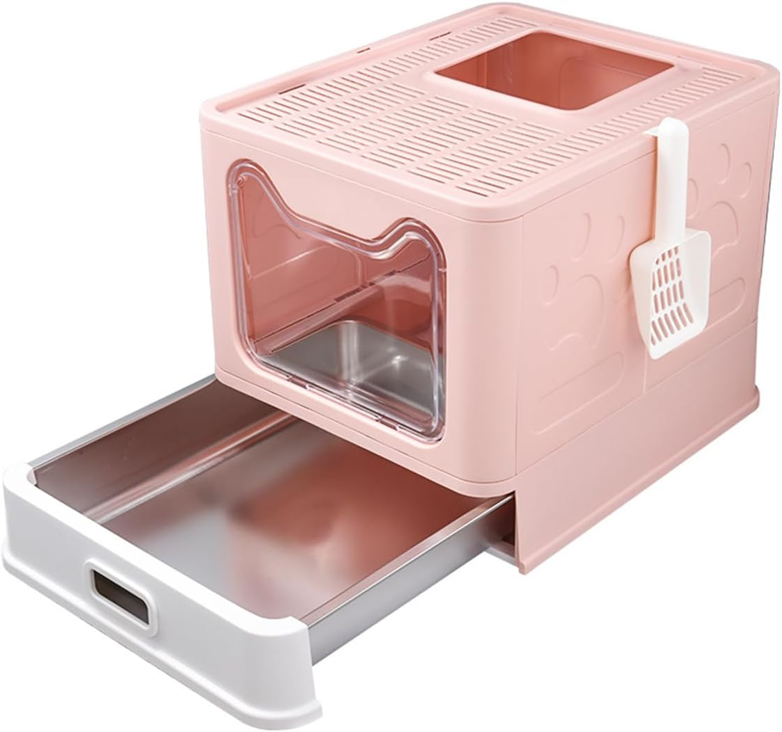 Blissify Enclosed Stainless Steel Litter Box, Large Kitty Litter Tray with Scoop & Drawer Design, Foldable Pet Toilet Box with High Sided, Anti-Leakage, Non-Sticky, Easy Cleaning, Pink