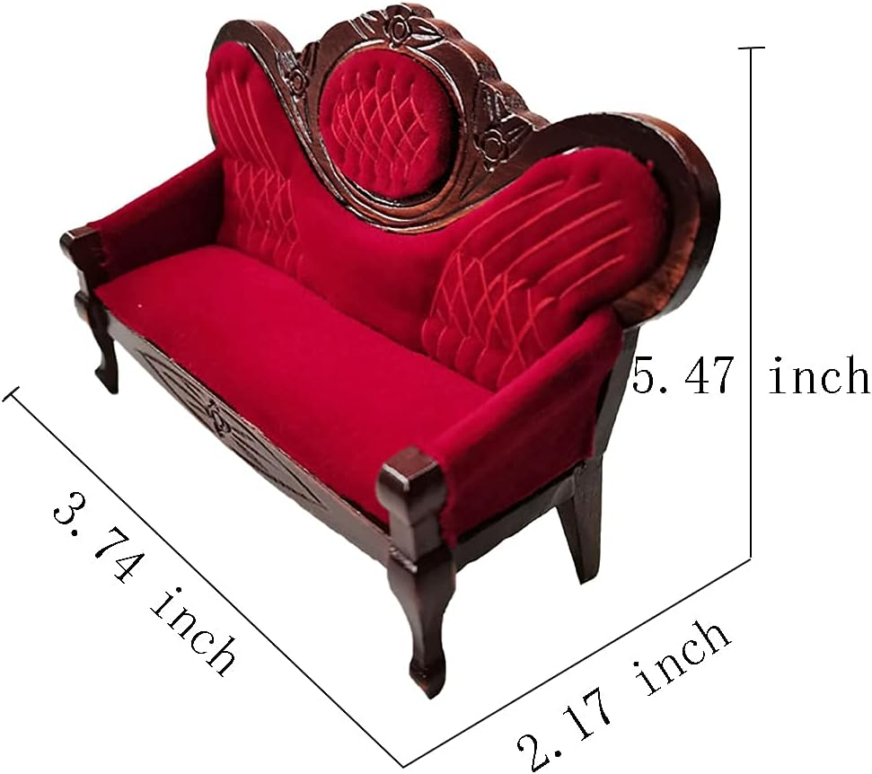 Hiawbon 1:12 Miniature Mini House Furniture Vintage Red Wooden Carved Sofa for Miniature House Accessories Furniture Decoration Birthday image number 2