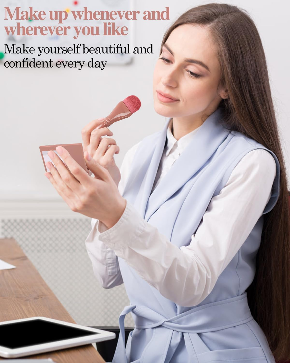 PGRODE Travel Size Makeup Brushes Mini Set with Hard Case and Built-In Mirror, 5Pcs Small Cosmetic Brushes, on the Go Brush Travel Essentials Kits for Women, Girls Gift (Dark Purple) - Light Pink image number 3