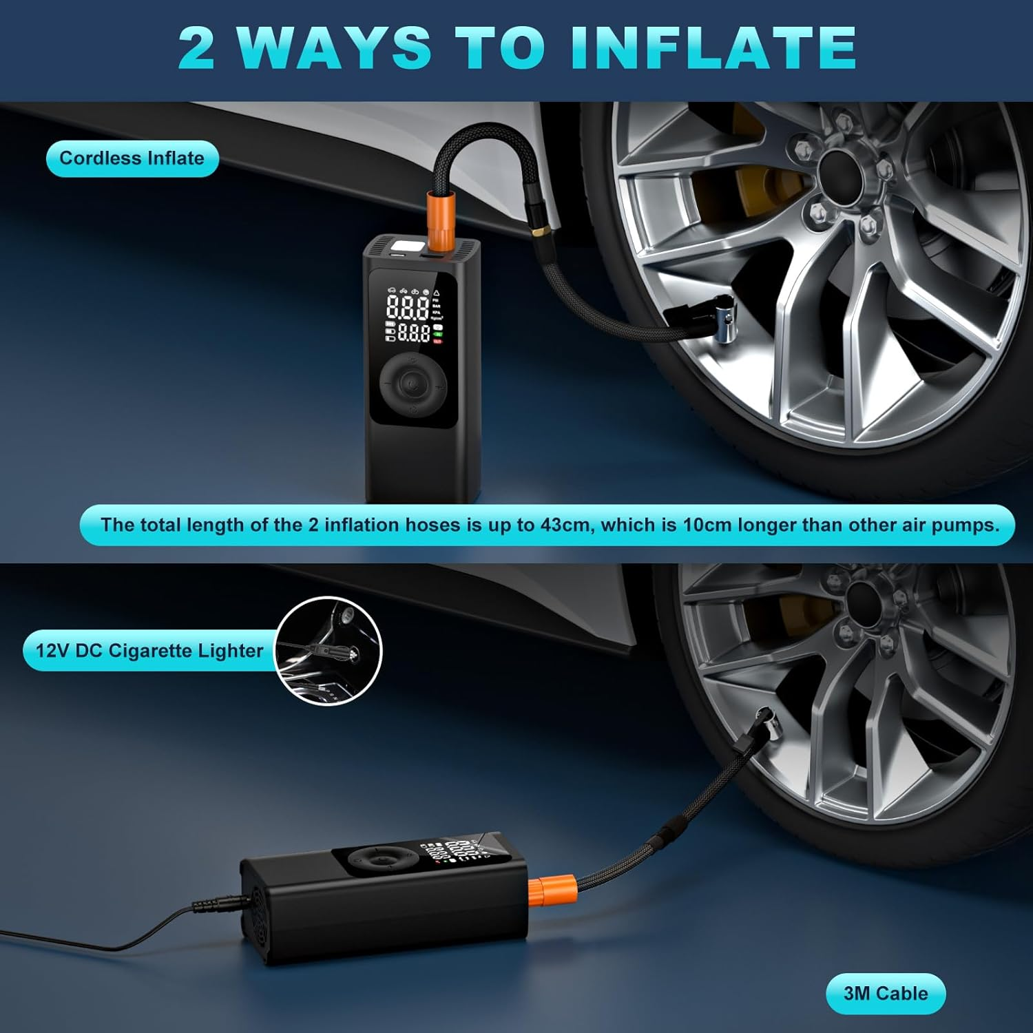 Tyre Inflator Portable Air Compressor Car Tyre Pump, 10000Mah Dual Power Supply 150PSI Tyre Inflator Cordless Digital Dual Values Display Tyre Pump for Car Motorcycle Bike Ball image number 6