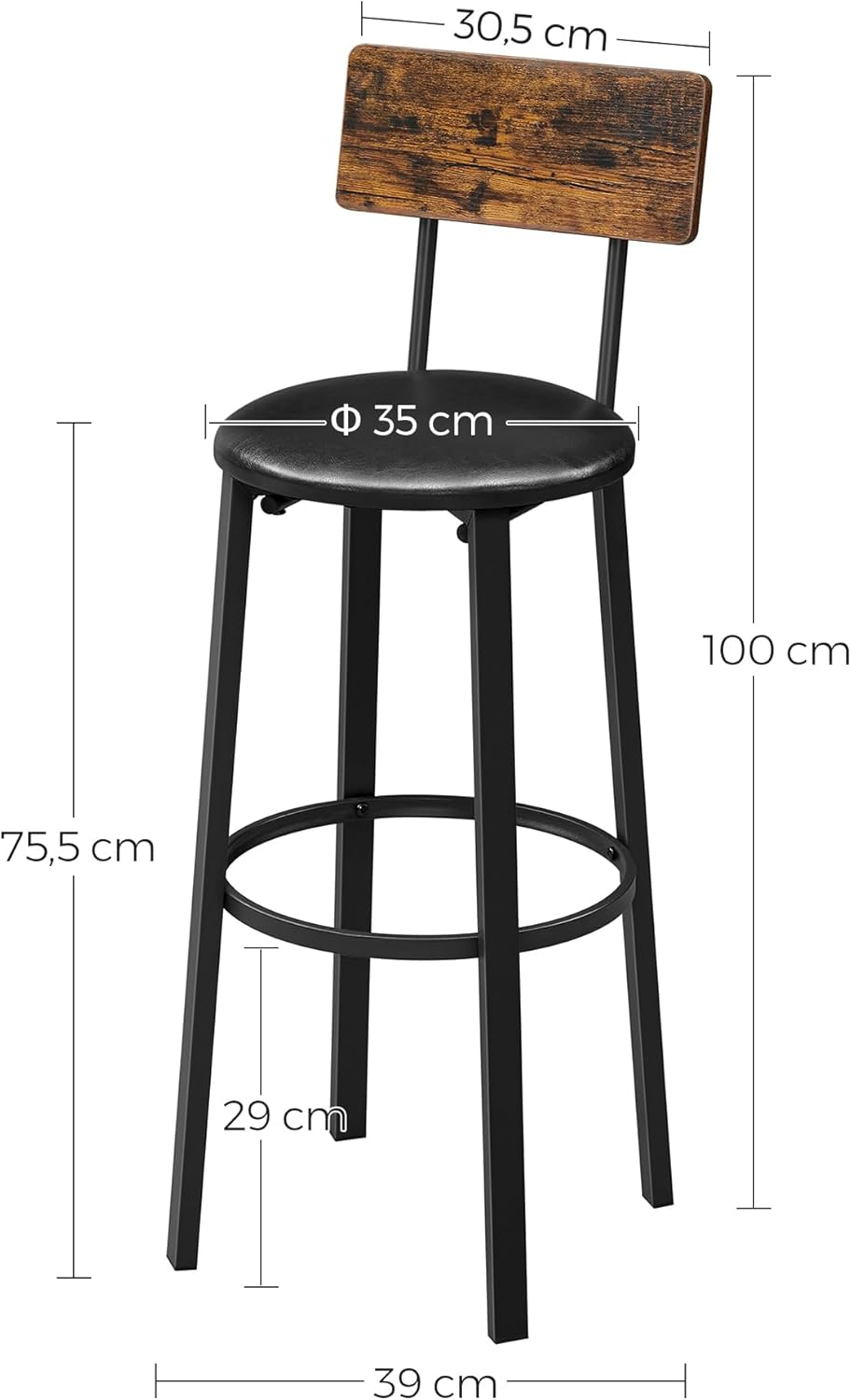 VASAGLE Set of 2 Bar Stools 39 X 39 X 100 Cm with Footrest PU Cover Easy Assembly for Dining Room Kitchen Counter Bar Vintage Brown Black LBC069B81