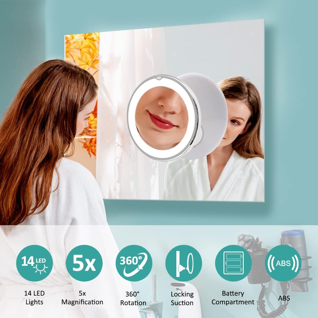 EMKE 5X Magnifying Shaving Mirror with Light, LED Travel Makeup Mirror with Locking Suction Mount | 360&deg; Swivel | Cool Light | Battery, Portable Illuminated for Bathroom, 175Mm (UCM03BTMX1W) image number 3