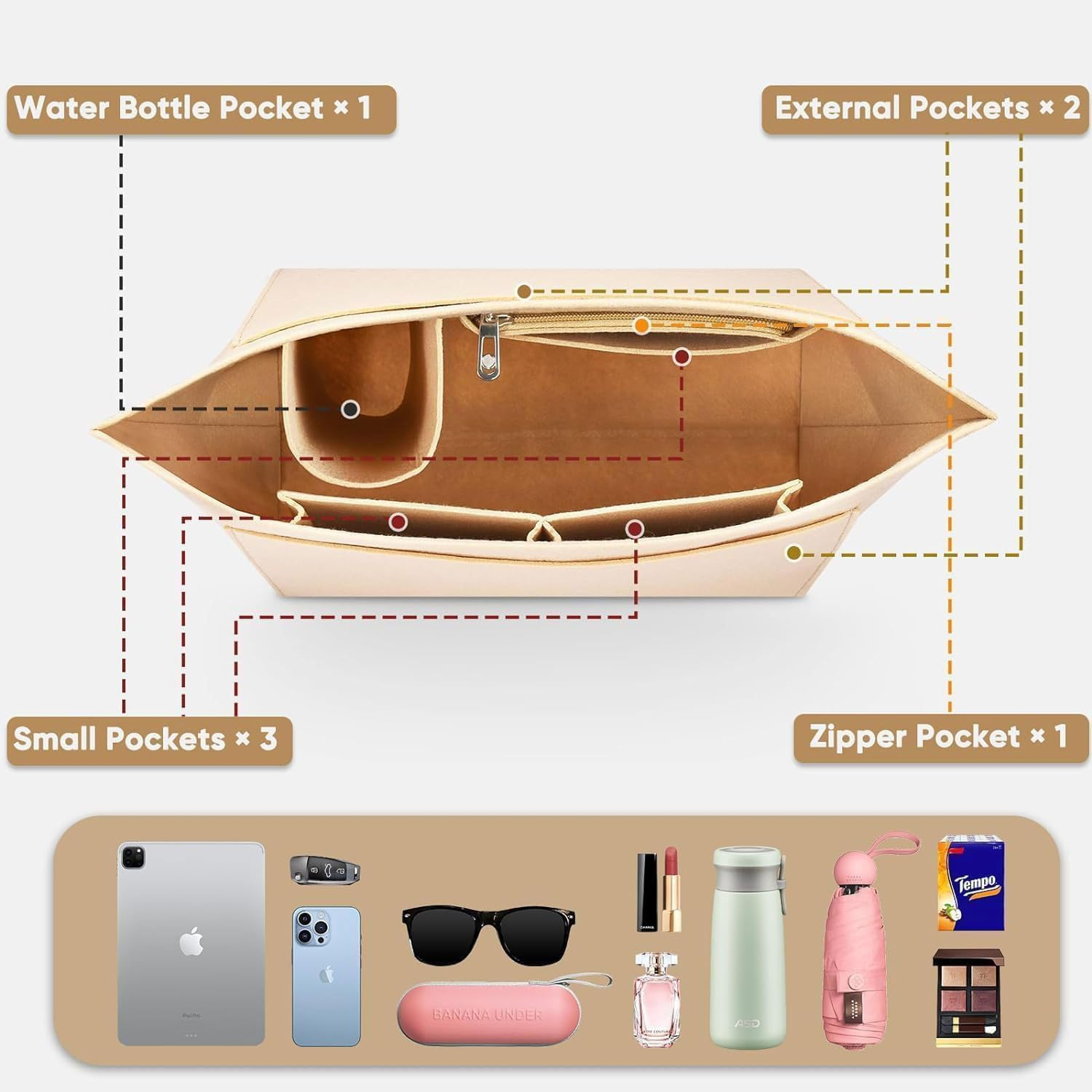 Organiser for Longchamp Bag, Bag Organiser for Longchamp, Multi-Pocket Felt Handbag, Organiser for Longchamp Pliage, Purse Organiser, Organiser for Longchamp, Organiser for Insert Wallet image number 2