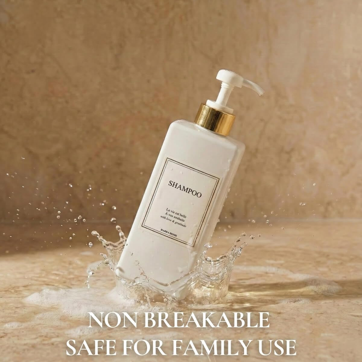 (White) - HARRA HOME Modern Gold Design Pump Bottle Dispenser for Bathroom 800Ml Refillable Empty Shower Shampoo White Plastic Bottles with Pump Set Lotion Body Wash and Massage Oils, Pack of 3 (White) image number 3