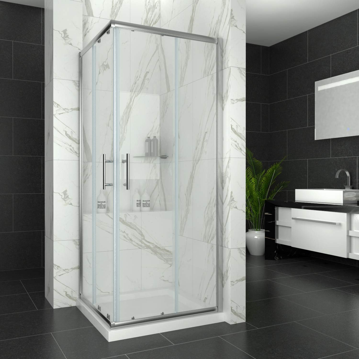 ELEGANT Corner Sliding Shower Door, Shower Screen with Panel, Silver Framed Shower Enclosure with 5Mm Tempered Safety Clear Glass, 760X760&times;1900Mm image number 1