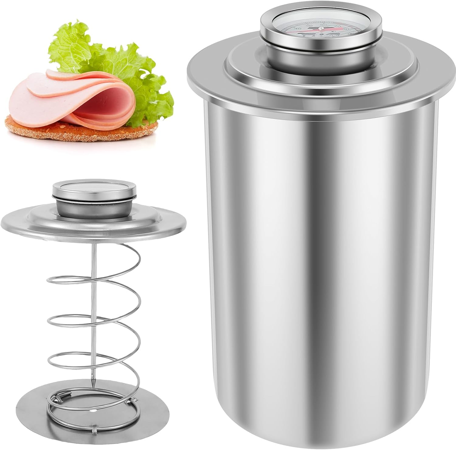 Meat Press Cooker 304 Stainless Steel Ham Press Maker with Thermometer Multifunctional round Shape Meat Press Mold for Deli Meats Meat Pork Seafood Beef Fish Poultry Lunch Meat Press image number 5