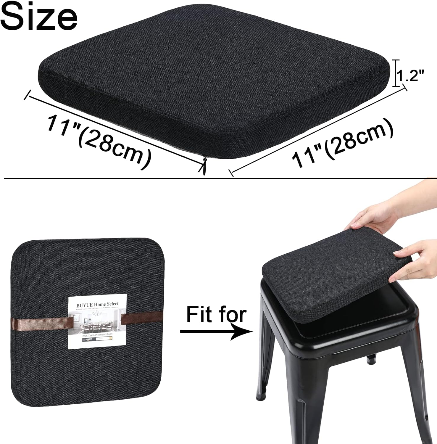 BUYUE Natural Linen Magnetic Bar Stool Cushions Set of 4, Enhanced Anti-Slip Breathable Small Chair Seat Pads for Caf&eacute; Bistro Stackable Metal Stools (Square, Black, 4 Counts) image number 5