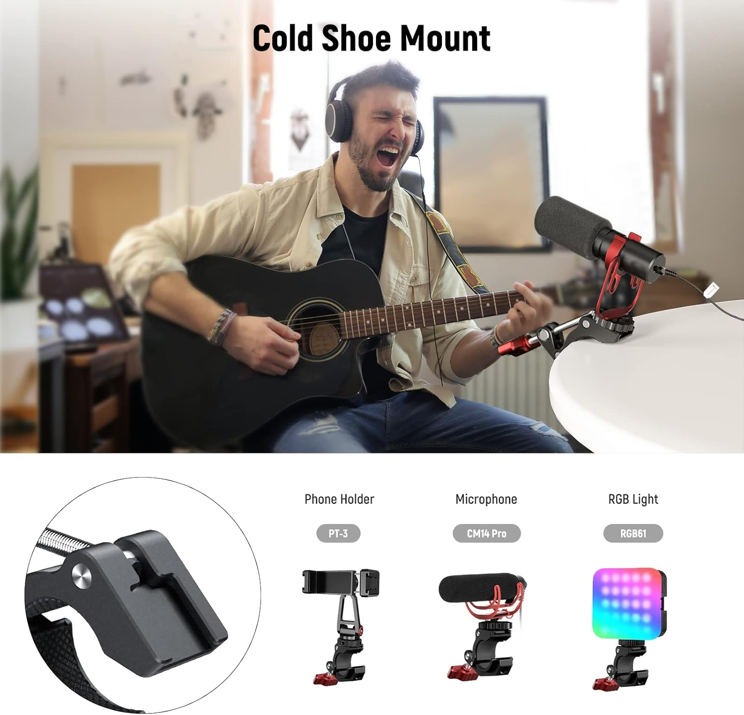 NEEWER Super Clamp with Cold Shoe and 1/4" 3/8" Threaded Holes, Max Load 4.4Lb/2Kg, Crab Shaped Camera Clamp Mount for Most Photography Accessories, Compatible with Smallrig Magic Arms, ST81 - Black image number 4