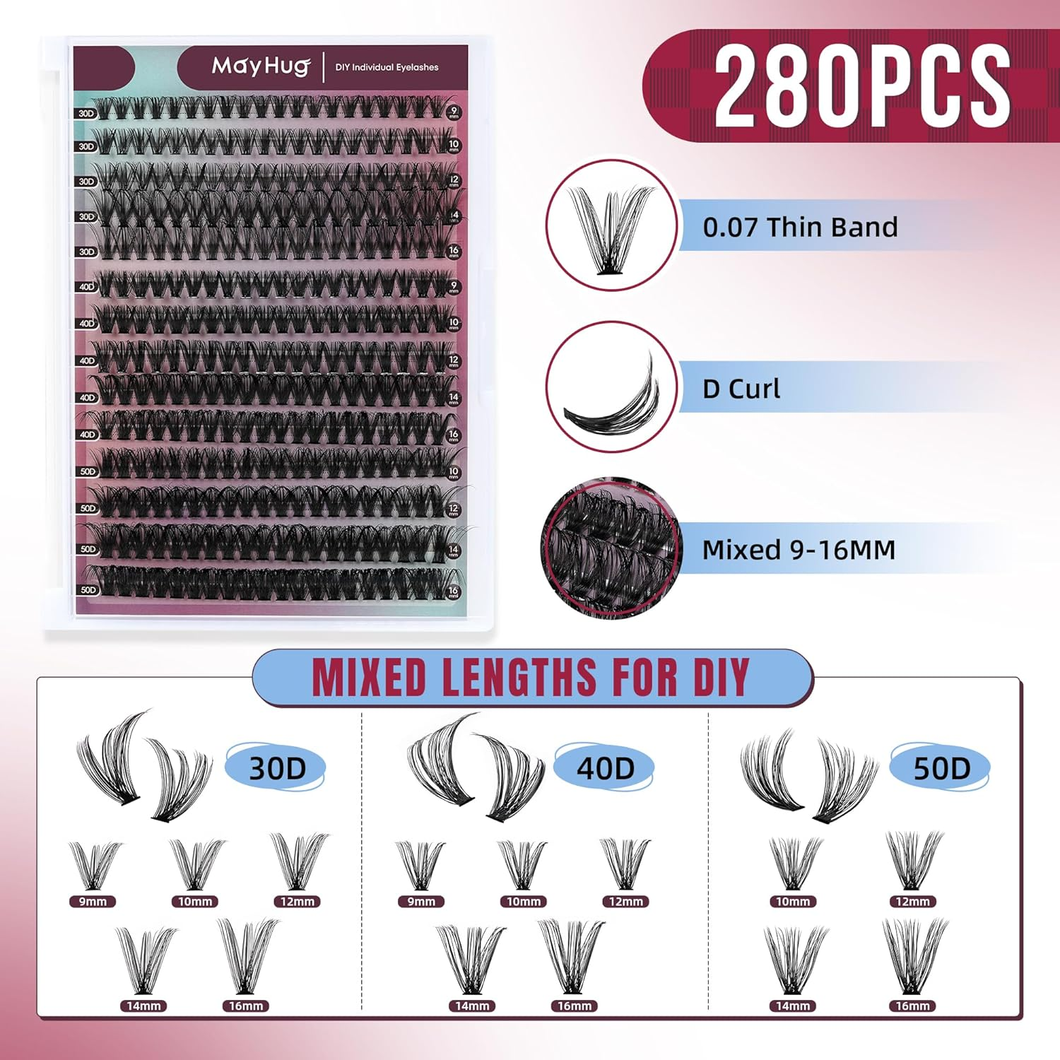 Mayhug Lash Clusters Kit 280Pcs Lash Extension Kit Individual Wispy Cluster Lashes Natural 9-16Mix DIY Eyelash Extension Kit D Curl Cluster Lashes at Home (30+40+50D Kit) image number 6