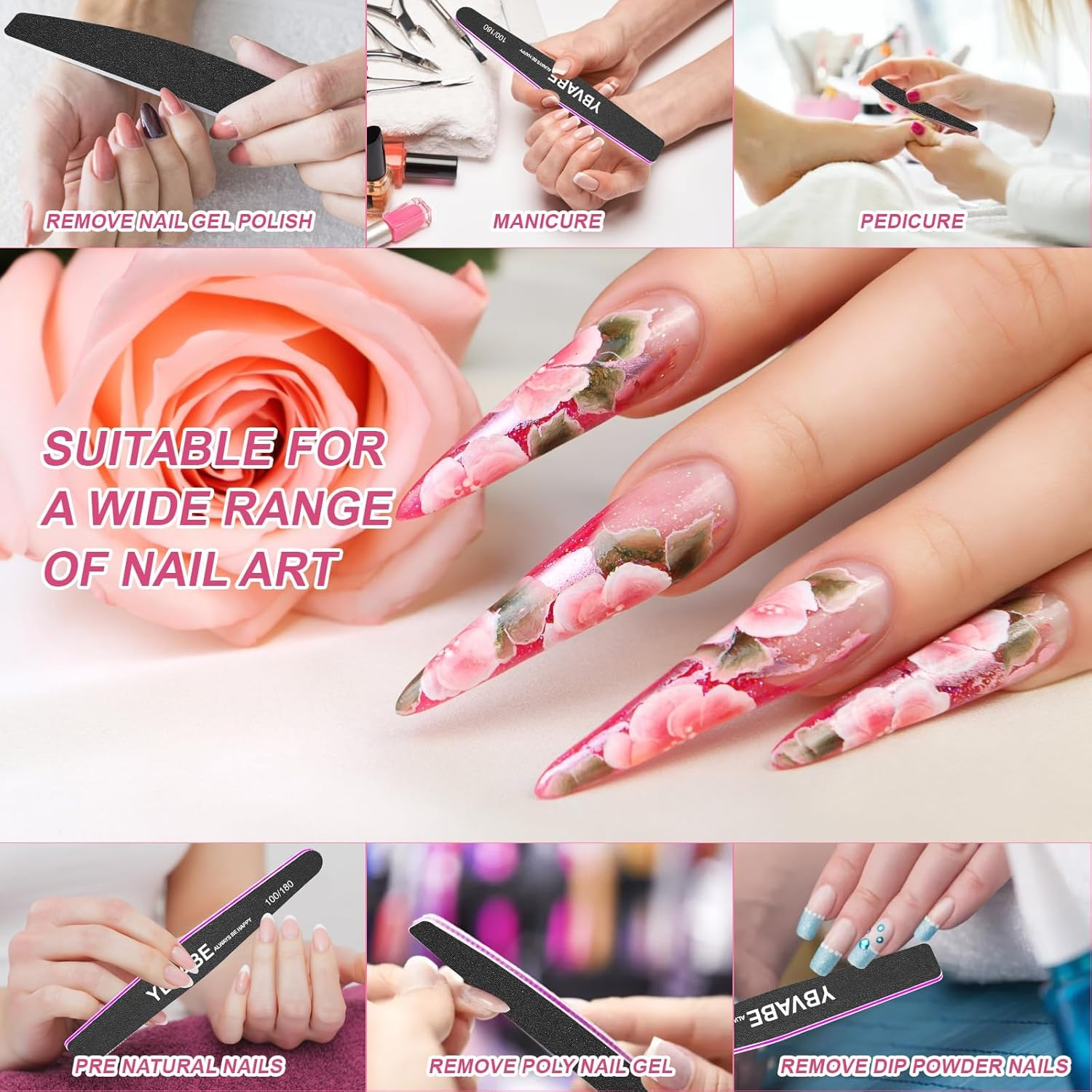 YBVABE Nail Files 100/180 Grit - 8Pack for Precision Nail Shaping and Professional Salon Quality Black Double Sided Emery Boards, Professional Rhombus-Shaped Grit Nail File for Manicure and Pedicure Tool image number 5