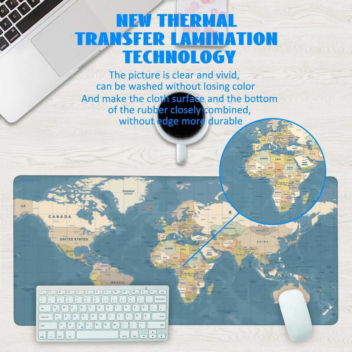 Desk Mat, Blue Vintage World Map Extended Gaming Mouse Pad Large, Big Mouse Pad with Non-Slip Base and Stitched Edge, Long Computer Keyboard Mouse Mat for Home Office Work (31.5"X11.8") image number 5