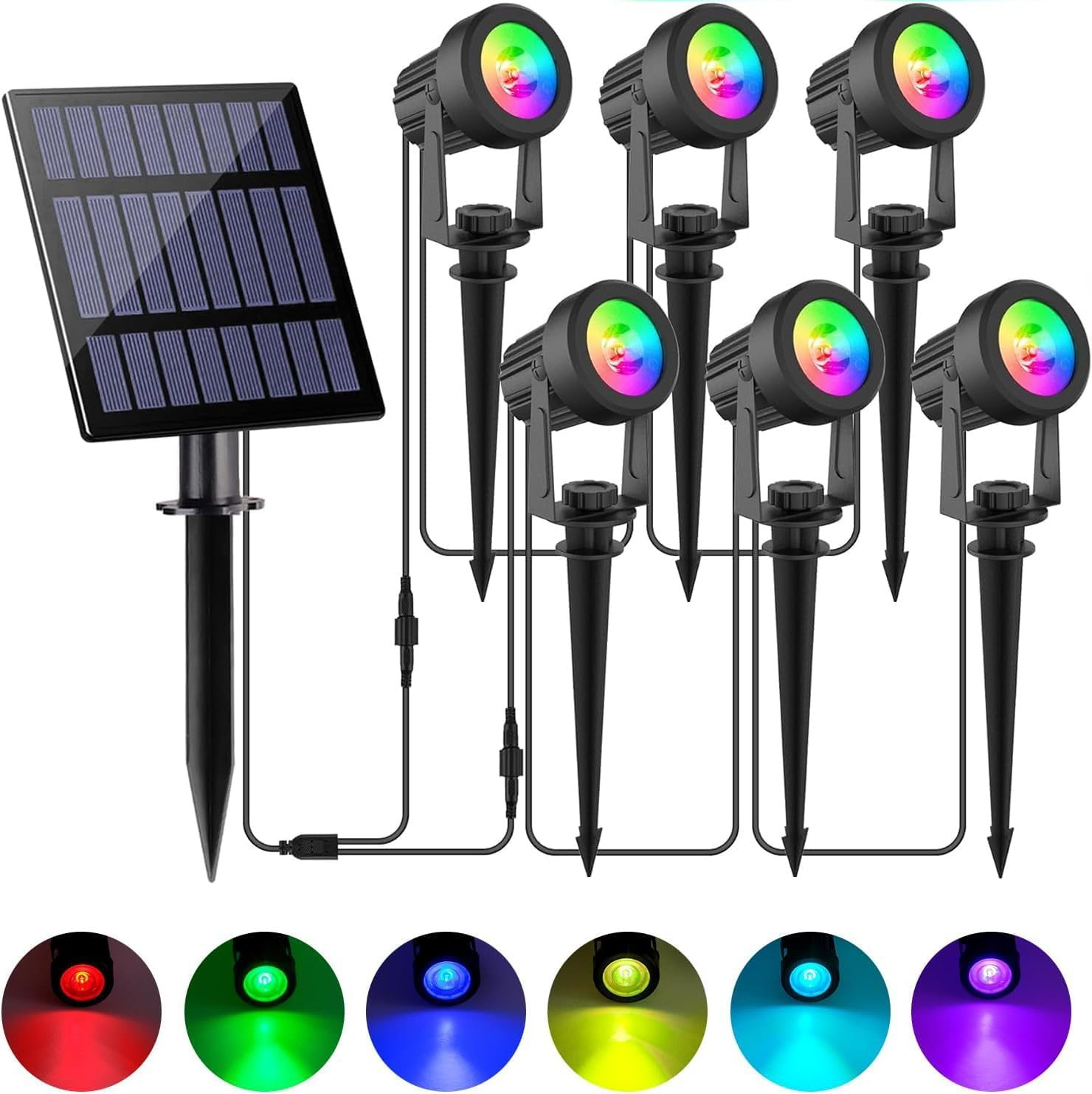 T-Sun RGB Solar Spotlights,Garden Solar Spot Lights Outdoor,6-In-1,Ip65 Waterproof,Multi-Colors,6 Color Changing & Fixed Color,For Yard Driveway Pool Area Wall Tree Pathway Lawn Decoration