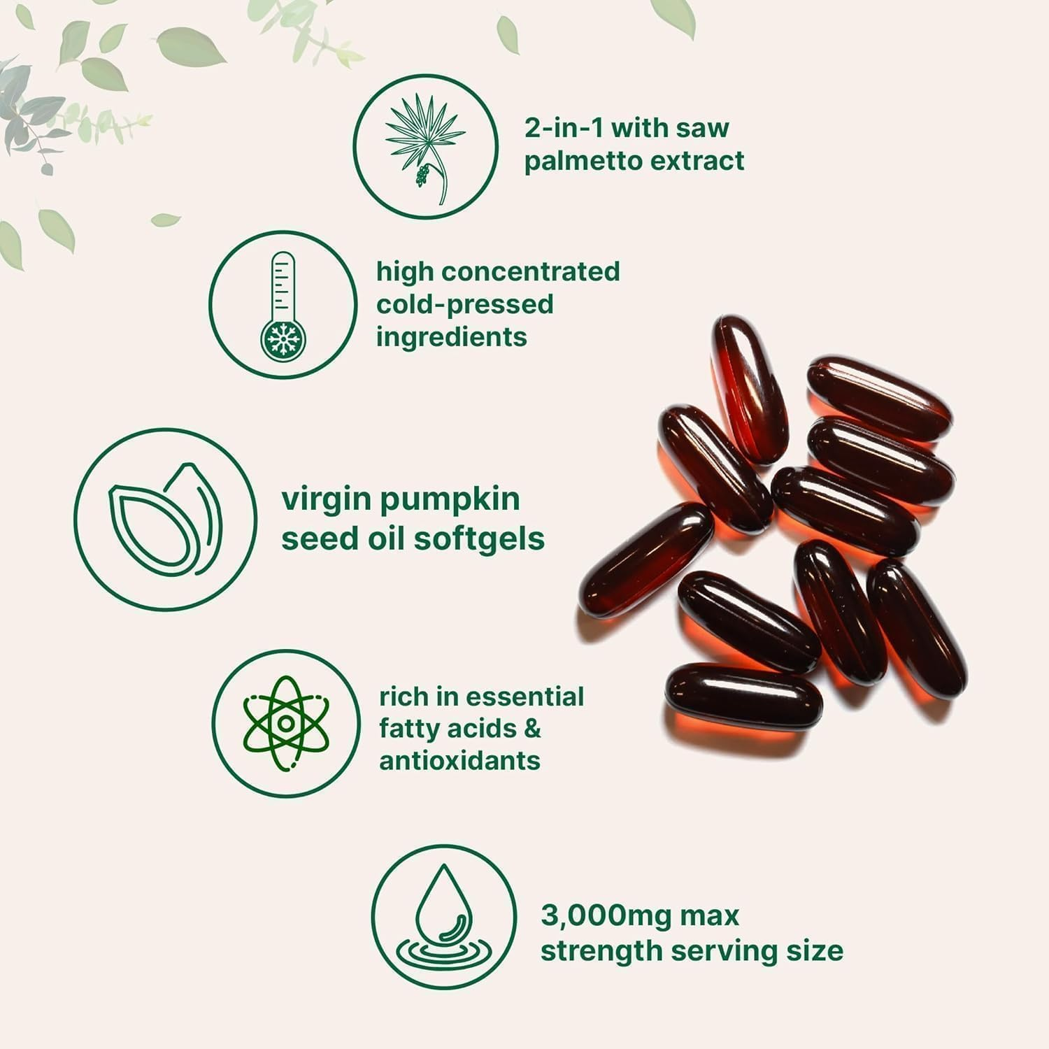 Pumpkin Seed Oil Capsules with Saw Palmetto &ndash; 3000Mg Cold-Pressed Blend for Hair Growth, Prostate & Urinary Support &ndash; Non-Gmo Herbal Supplement (180 Softgels) image number 5