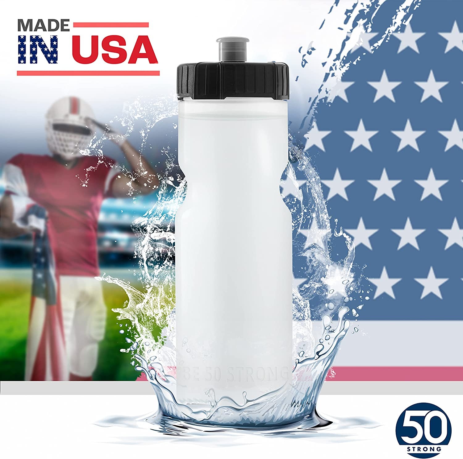 50 Strong Sports Squeeze Water Bottle Bulk Pack - 24 Bottles - 22 Oz. BPA Free Easy Open Push/Pull Cap - Made in USA