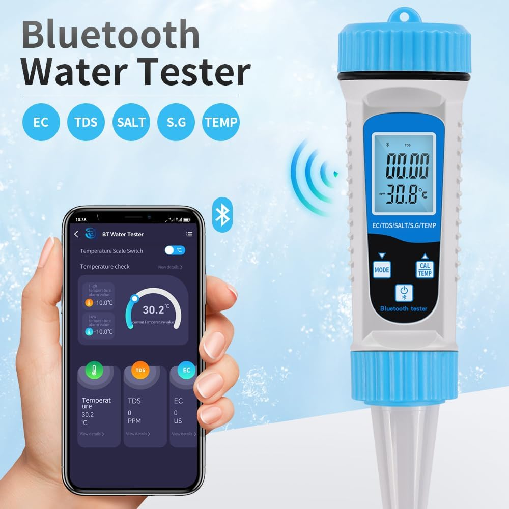 B-Qtech Digital Water Quality Tester 5 in 1 Tds/Ec/Salt/S.G/Temp Temp,Water Hardness Set, Drinking Water Test for Aquarium, Pool, Aquaculture, Fish, App Control, Compatible with Ios and Android image number 3